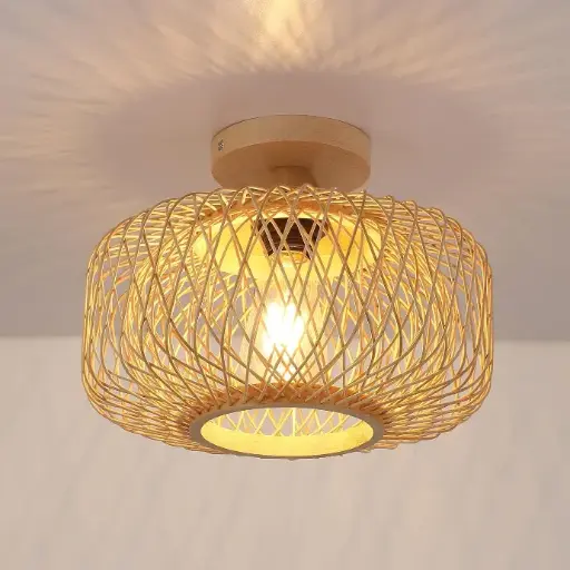 [C069-D30] Lampada da soffitto in vimini di bambù a doppio strato per cucina, isola, bar, caffetteria, ristorante E27 "ZENDA" Ø30cm