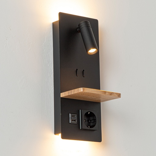 Aplique Pared con Luz Lectura 3W, Luz Trasera 3W+3W, USB y Enchufe Integrado bandeja madera "Möbius"