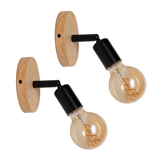 Pack de 2 Lámparas de Pared de Madera Giratorio con Casquillo E27 Estilo Vintage y Rústico