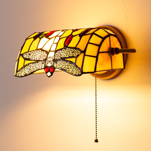  Lámpara de pared retro vidrio estilo Tiffany libélula en cristal "Libélula" y soporte de latón, E27, ideal para oficina, biblioteca o estudio.