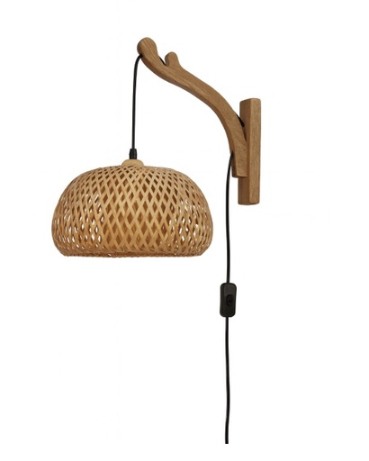 [W023-OSAKA-D280] Aplique de Pared en Madera, Pantalla de Mimbre Redonda Doble Capa D280 con Cable , Interruptor y Enchufe "OSAKA" E27