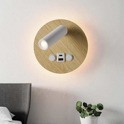 [WL010-WD] Aplique de Pared Aluminio acabado en efecto madera con Foco Lectura 3W blanco y Luz Ambiental Detras 6W  3000K con Interruptores i tape C con usb "ROMA Pro" 