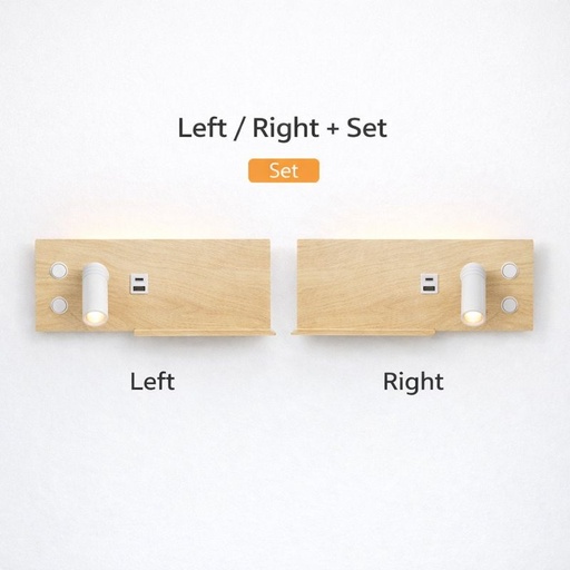 Pack de apliques de pared para lectura con puerto USB y type C- Iluminación ambiental 7W con foco lectura 3W 2700K "VIENA" – Set Izquierdo y Derecho
