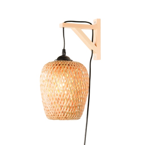 [W003] Aplique de Pared en Madera, Pantalla de Mimbre con Cable, Interruptor y Enchufe "MAYA" E27