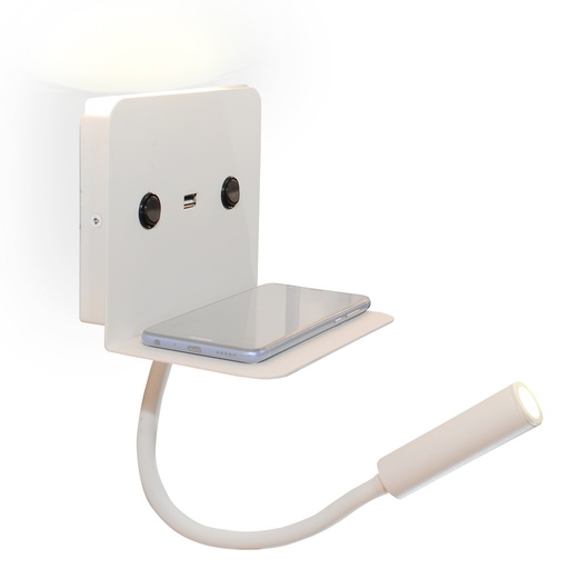 Aplique de Pared con LED 3W de Lectura y  Luz de Cortesía Ambiental Cálida 6W y Base de Carga con Puerto USB "CHARGE LITE"