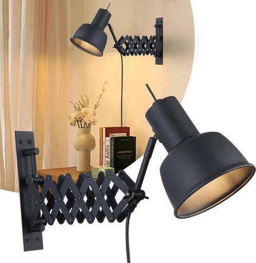 [W008-BK] Aplique de Pared Estilo Vintage Extensible Fuelle Tabller "NOIR" E27