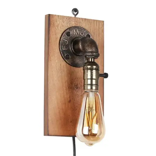 [W009] Aplique de Pared de Metal y Madera con Cable y Enchufe "WITTEN"