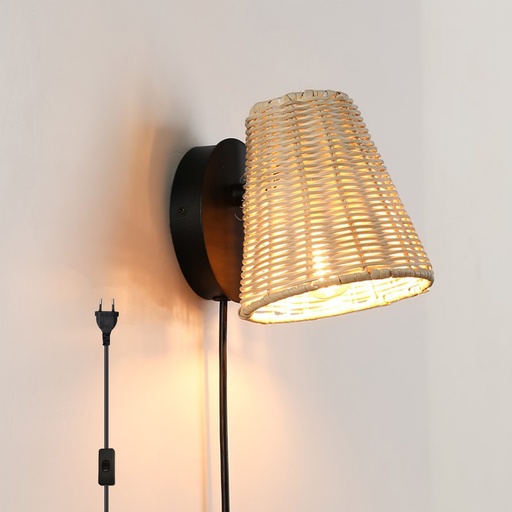 [W012-EU-BK] Aplique de Pared de Mimbre de Bambú con Cable y Enchufe"ARGO" E27