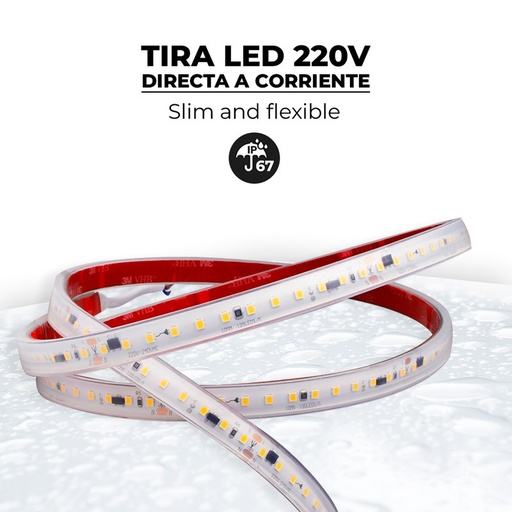 TIRA LED 220V-90W-18W/m-Ancho12mm-120LEDs SMD2835/metro-Silicona IP67-Corte cada 10cm-5 metros-115lm/W