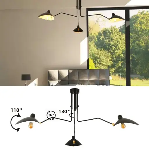 “Marcell” Black Ceiling Lamp – Chandelier Design with 3 Adjustable Arms – Serge Mouille Inspiration – E27 x3