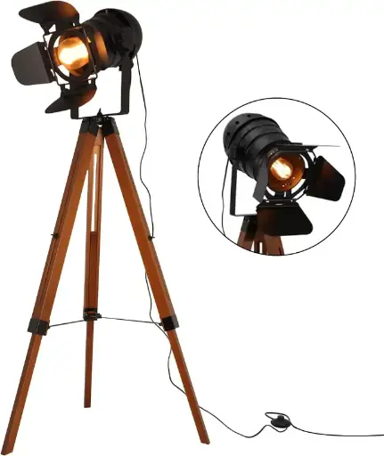[F008-BK] ​Lámpara de Pie Trípode Madera con Foco Proyector Negro Cable Tela Roja Vintage Retro Industrial Náutica Cinema para Salón Estudio E27 Cinema "GALA"