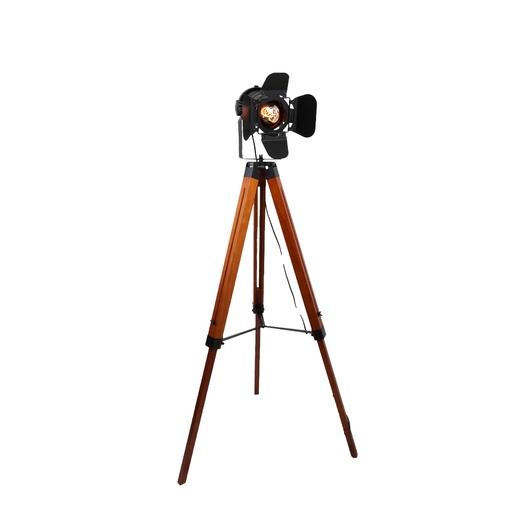 [F008-BK] ​Wooden Tripod Floor Lamp with Black Projector Spotlight, Red Fabric Cable, Vintage Retro Industrial Nautical Cinema for Living Room, Study, E27 Cinema "GALA"