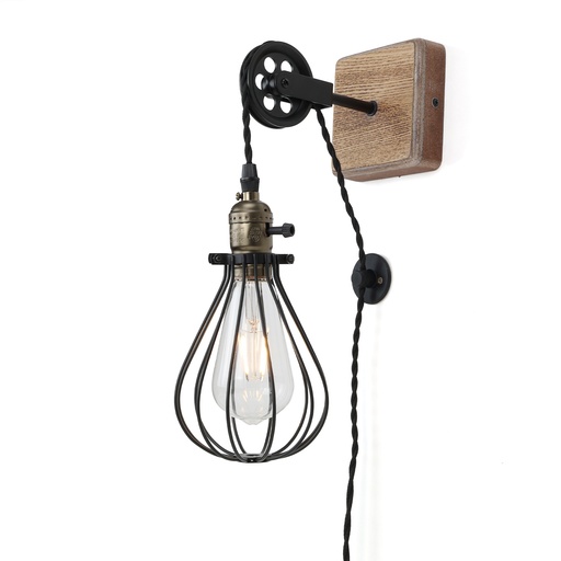 [W33-BK] Aplique de pared colgante vintage "FRUSTA" polea y enchufe