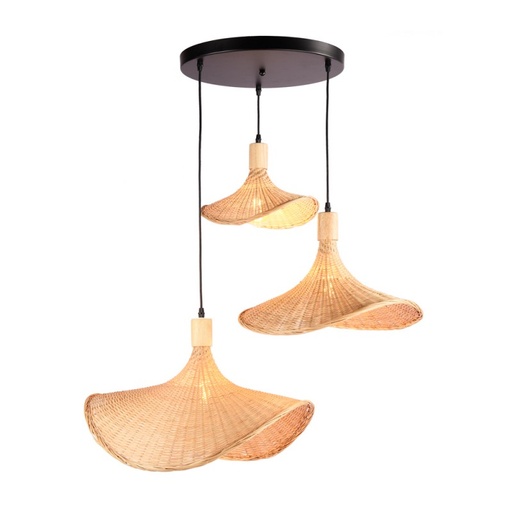 [C032] "TRI-BELLAS" Dreifach-Pendelleuchte aus Korbgeflecht, Bambus und Holz, 3xE27, Retro-Stil, ideal für Küche, Schlafzimmer oder Esszimmer