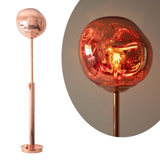 [F020-PK] Lámpara de Pie de Diseño "MAGAMA" – Altura Ajustable, Bola de Acrílico Efecto Magma Metalizado, E27, Acabado Cobre Rosado