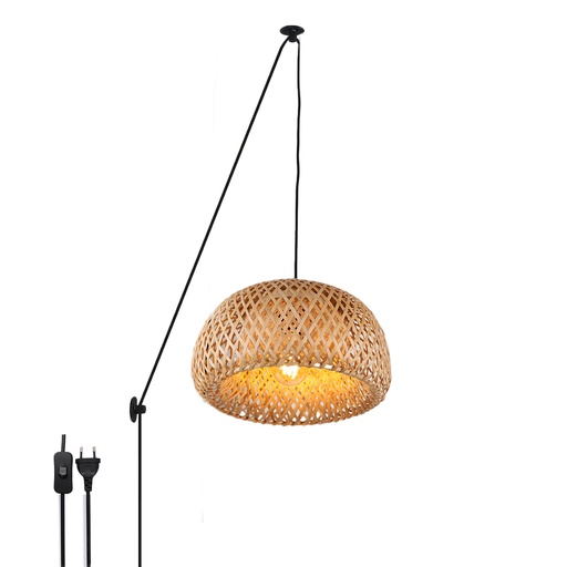 [C019] Lámpara Colgante de Mimbre con Cable Enchufe e Interruptor "NARRA" E27 Estilo Rústico para Cocina, Sala, Dormitorio y Comedor