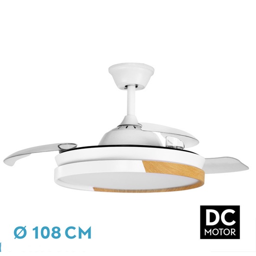 [V-001] Ventilador Motor DC Emperador 72W Blanco/Haya 3 Aspas Desplegables 106D 7200LM 3000-4000-6000K Remoto + Memoria + Temporizador