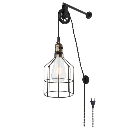 [W50-BK] Luminária de parede suspensa com gaiola SKIPPY e plugue
